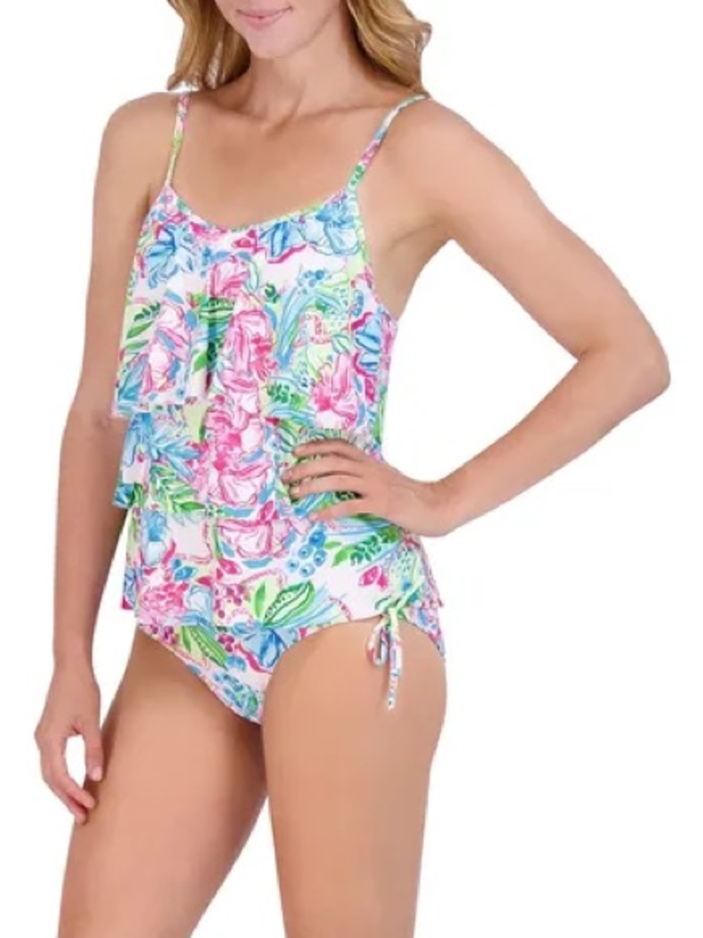 NWT Stella Parker tiered ruffle tankini swimsuit Size L Multi Color